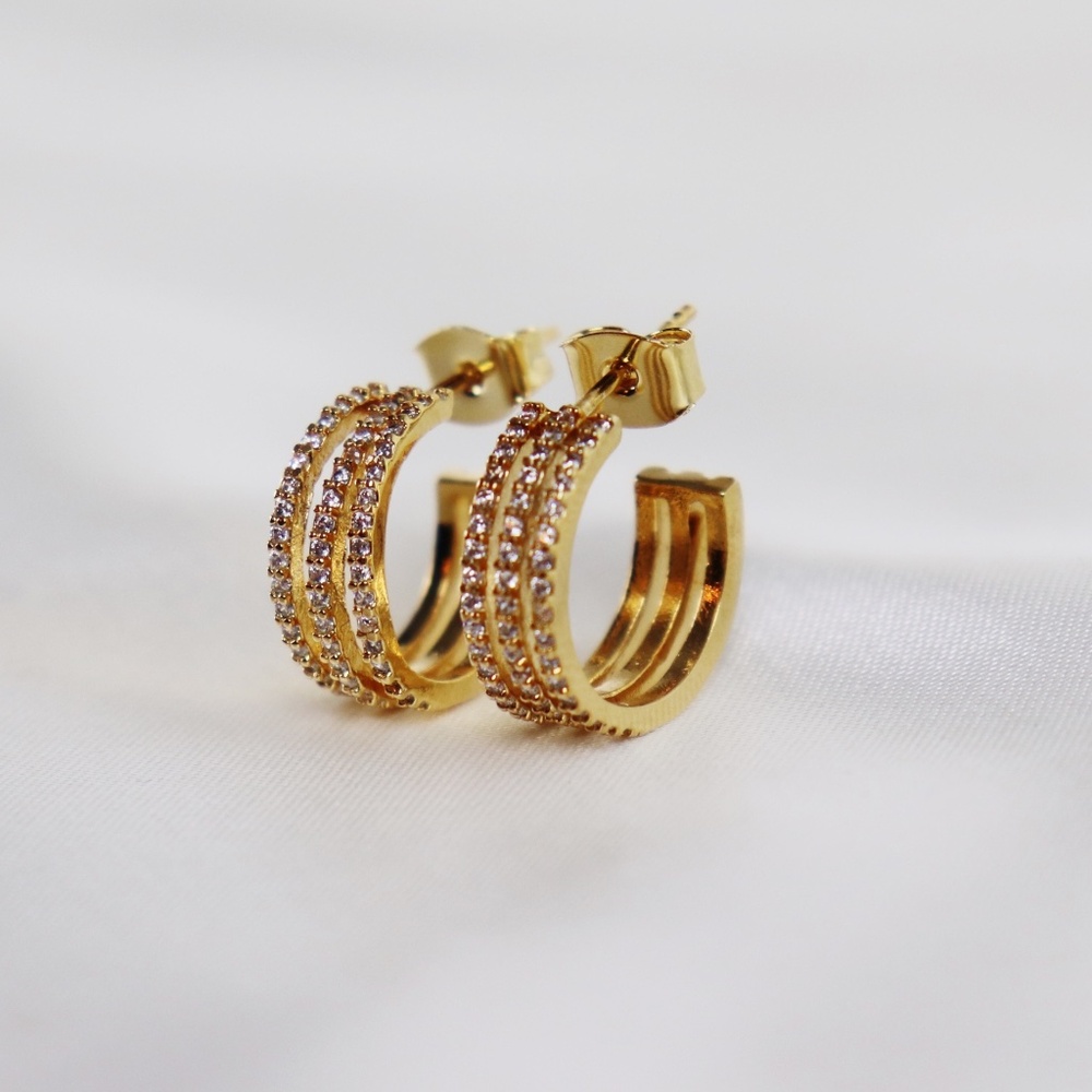 CZ Gold Three Layer Huggie Hoops